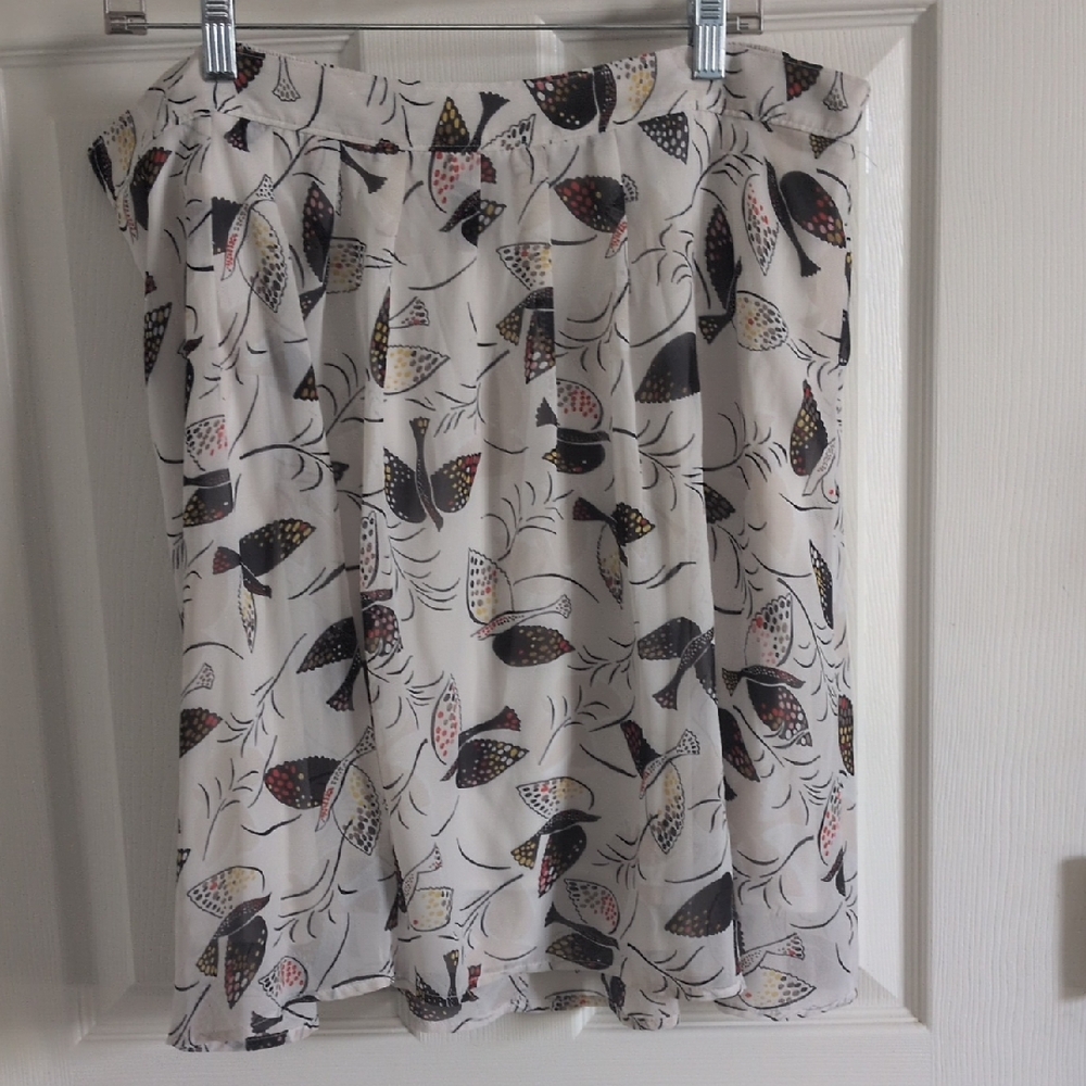 Old Navy Cream A-Line Chiffon Skirt with Black and Multicolor Bird Print XL